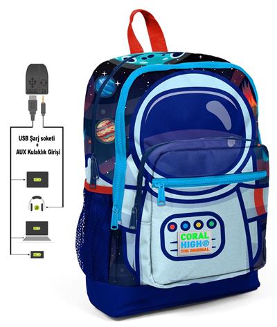 Coral High Mavi Astronot Baskılı İlkokul Çanta Seti - USB Çıkışlı - Erkek Çocuk