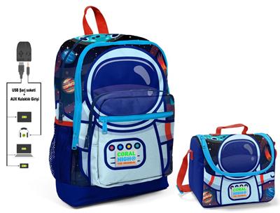 Coral High Mavi Astronot Baskılı Okul Çantası ve Beslenme Çantası Seti - USB Soketli - Erkek Çocuk