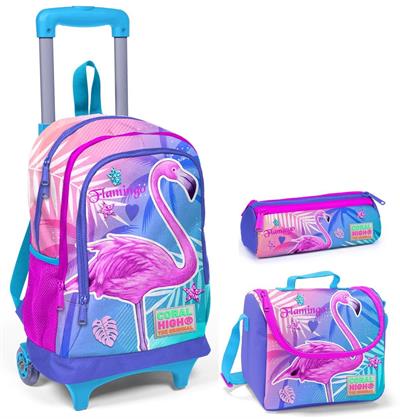 Coral High Mavi Flamingo Kız Çocuk Çekçek Çanta Seti - Işıklı Tekerlekler