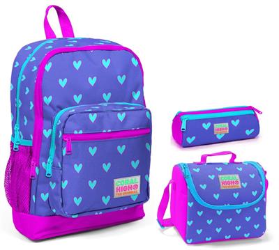 Coral High Mavi Kalp Baskılı 3lü İlkokul Çanta Seti - Kız Çocuk