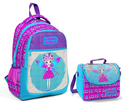 Coral High Mavi Kız Peri Baskılı Simli ve Parlak Okul Çantası ve Beslenme Seti