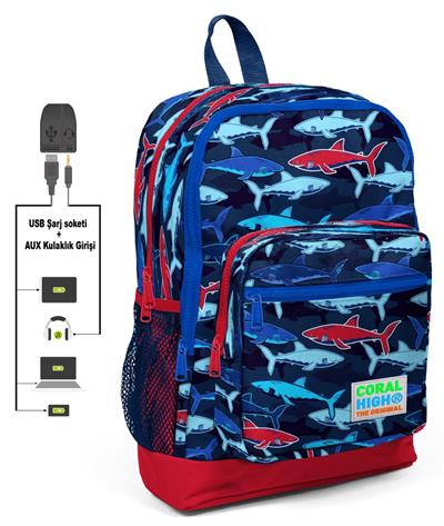 Coral High Mavi Köpekbalığı Baskılı Erkek İlkokul Çanta Seti - USB Çıkışlı