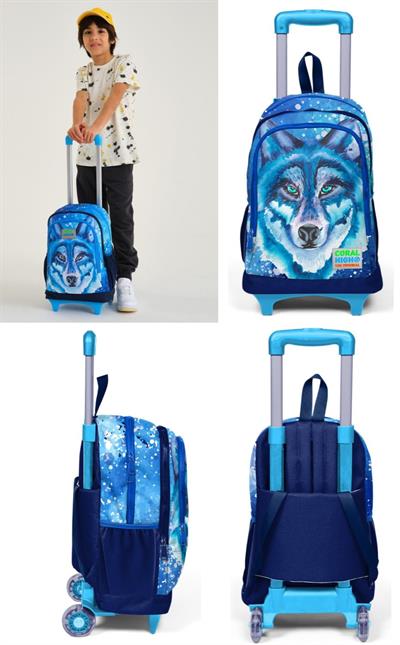 Coral High Mavi Kurt Çekçek Okul Çantası ve Beslenme Seti - Işıklı Tekerlekler - Erkek Çocuk