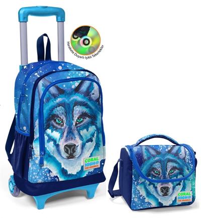 Coral High Mavi Kurt Çekçek Okul Çantası ve Beslenme Seti - Işıklı Tekerlekler - Erkek Çocuk