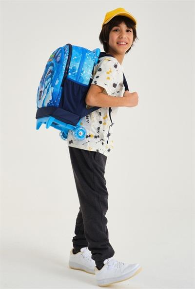 Coral High Mavi Kurt Çekçek Okul Çantası ve Beslenme Seti - Işıklı Tekerlekler - Erkek Çocuk