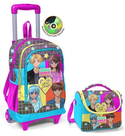 Coral High Mavi Pembe Anime Çekçek Okul Çantası ve Beslenme Seti - Işıklı Tekerlekler - Kız Çocuk