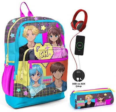Coral High Mavi Pembe Anime USB Soketli Okul Çantası ve Kalemlik Seti - Kız Çocuk