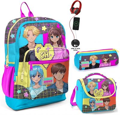 Coral High Mavi Pembe Anime USB Soketli Üçlü İlkokul Çanta Seti - Kız Çocuk
