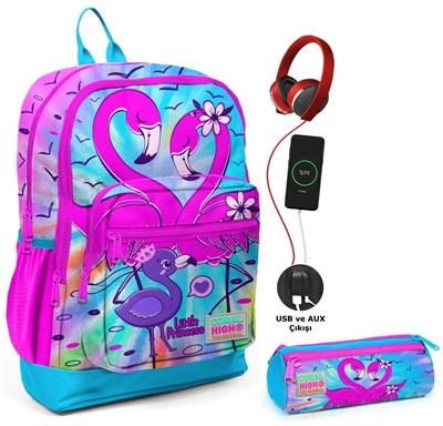 Coral High Mavi Pembe Flamingo USB Soketli Okul Çantası ve Kalemlik Seti - Kız Çocuk