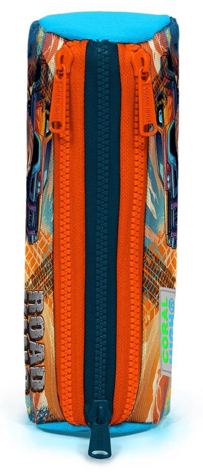 Coral High Mavi Turuncu Renkli Arazi Aracı Baskılı Erkek Çocuk Üç Gözlü Kalem Çantası 22094