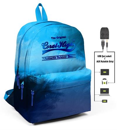 Coral High Mavi Üç Gözlü İlkokul ve Günlük Sırt Çantası USB AUX Soketli