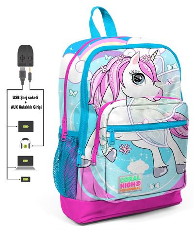 Coral High Mavi Unicorn Baskılı İlkokul Sırt Çantası ve Kalemlik Seti - Kız Çocuk - USB Soketli
