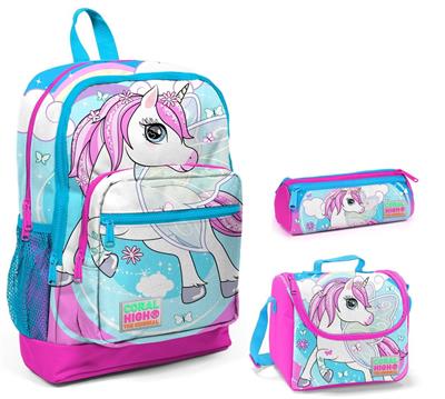 Coral High Mavi Unicorn Baskılı Kız 3lü İlkokul Çanta Seti