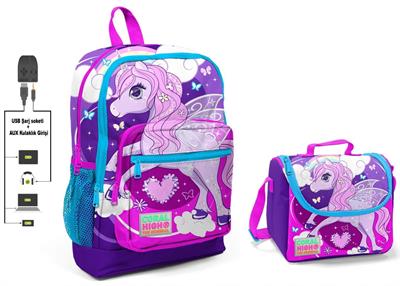 Coral High Mavi Unicorn Baskılı Okul Çantası ve Beslenme Çantası Seti - Kız - USB Soketli