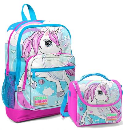 Coral High Mavi Unicorn İlköğretim Okul Sırt Çantası ve Beslenme Çanta Seti - Kız Çocuk