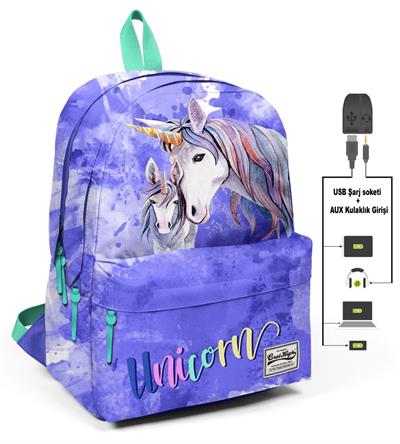 Coral High Mavi Unicornlar Üç Gözlü Okul ve Günlük Sırt Çantası - USB+AUX Soketli - Kız