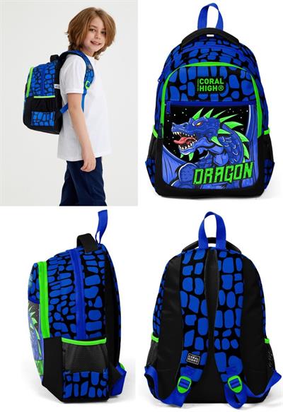 Coral High Mavi Yeşil Dragon Beşli Okul ve Günlük Çanta Seti- Erkek Çocuk