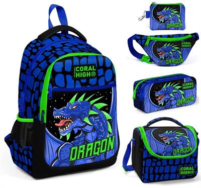 Coral High Mavi Yeşil Dragon Beşli Okul ve Günlük Çanta Seti- Erkek Çocuk