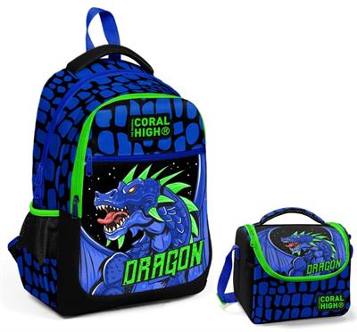 Coral High Mavi Yeşil Dragon İlkokul Okul Sırt ve Beslenme Çantası Seti - Erkek Çocuk
