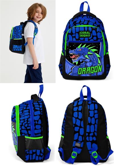 Coral High Mavi Yeşil Dragon İlkokul Ortaokul Sırt Çantası ve Kalemlik Seti