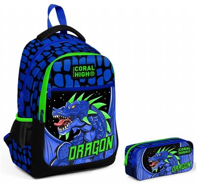 Coral High Mavi Yeşil Dragon İlkokul Ortaokul Sırt Çantası ve Kalemlik Seti