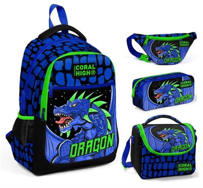 Coral High Mavi Yeşil Dragon Üçlü Okul Çantası ve Bel Çantası Seti - Erkek Çocuk