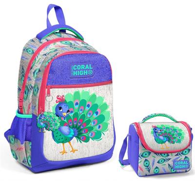 Coral High Mavi Yeşil Tavuskuşu Okul Sırt ve Beslenme Çantası Seti - Kız Çocuk