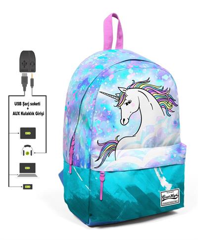 Coral High Mavi Yeşil Unicorn Desenli Sırt Çantası - Okul ve Günlük - USB+AUX Soketli - Kız