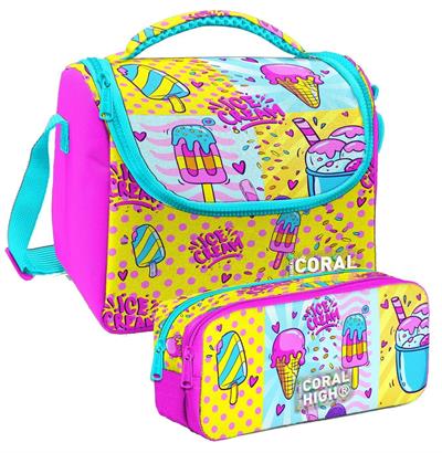 Coral High Mixed Dondurma Desenli Kız Çocuk Isı Yalıtımlı Beslenme Çantası ve Kalemlik Seti
