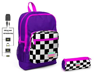 Coral High Mor Damalı İlkokul Sırt Çantası ve Kalemlik Set - USB Soketli - Kız Çocuk