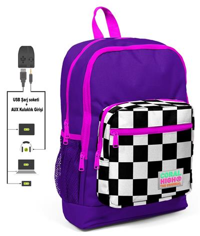 Coral High Mor Damalı İlkokul Sırt Çantası ve Kalemlik Set - USB Soketli - Kız Çocuk