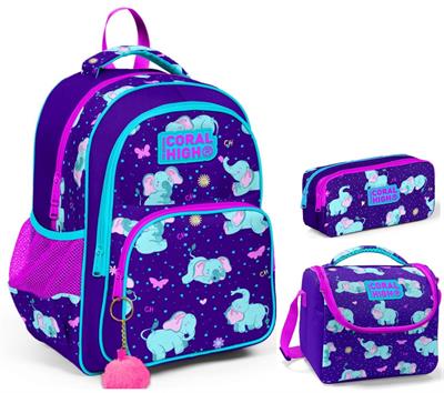 Coral High Mor Fil Kız Çocuk Üçlü İlkokul Okul Çanta Seti