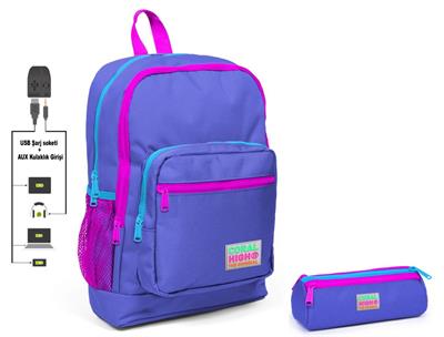 Coral High Mor İlkokul Sırt Çantası ve Kalemlik Seti - USB Soketli