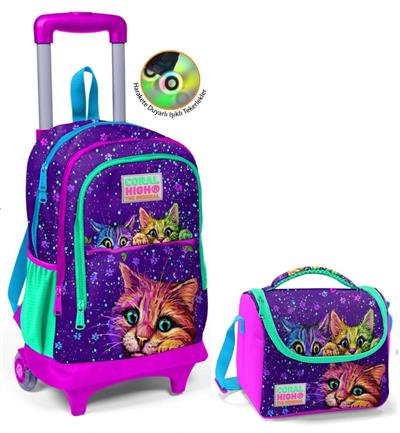 Coral High Mor Kedi Çekçek Okul Çantası ve Beslenme Seti - Işıklı Tekerlekler - Kız Çocuk