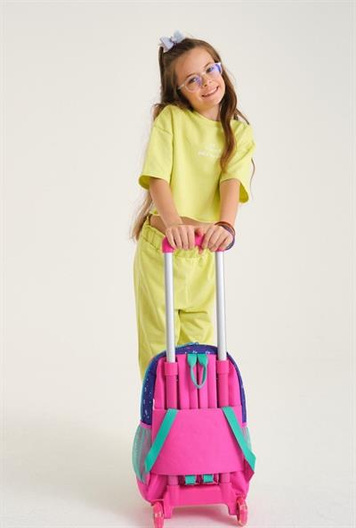Coral High Mor Kedi Çekçek Okul Çantası ve Beslenme Seti - Işıklı Tekerlekler - Kız Çocuk