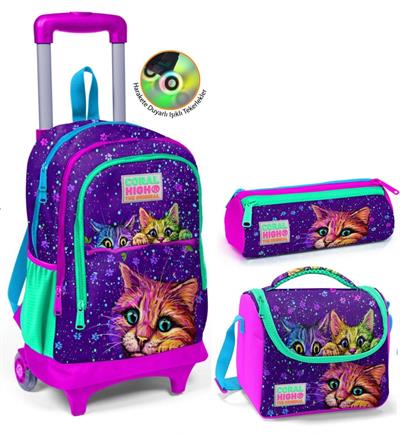 Coral High Mor Kedi Çekçek Okul Çantası Seti - Işıklı Tekerlekler - Kız Çocuk
