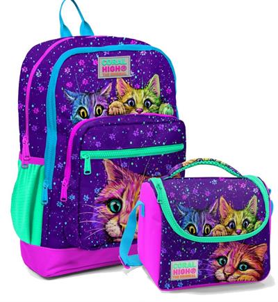 Coral High Mor Kedi Okul Sırt ve Beslenme Çantası Seti - Kız Çocuk - Dört Bölmeli