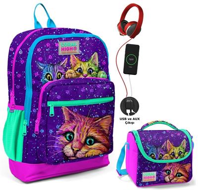 Coral High Mor Kedi Okul ve Beslenme Çantası Seti - Usb Soketli - Kız Çocuk