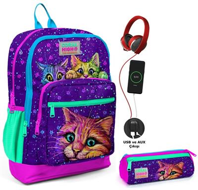 Coral High Mor Kedi USB Soketli Okul Çantası ve Kalemlik Seti - Kız