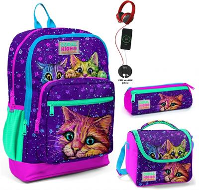 Coral High Mor Kedi USB Soketli Üçlü İlkokul Çanta Seti - Kız