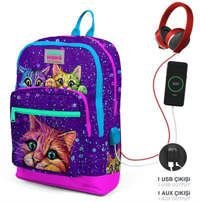 Coral High Mor Kedi USB Soketli Üçlü İlkokul Çanta Seti - Kız