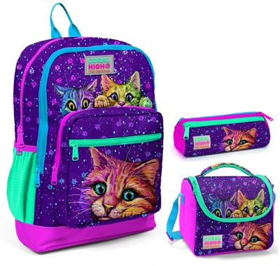 Coral High Mor Kedi Üçlü İlkokul Okul Çanta Seti - Kız