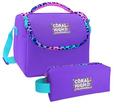 Coral High Mor Leopar Desenli Kız Çocuk Isı Yalıtımlı Beslenme Çantası ve Kalemlik Seti