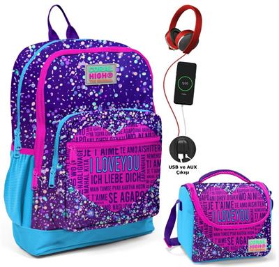 Coral High Mor Mavi Kalp Okul ve Beslenme Çantası Seti - Usb Soketli - Kız Çocuk