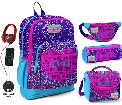 Coral High Mor Mavi Kalp USB Soketli Okul Çanta Seti ve Bel Çantası - Kız Çocuk