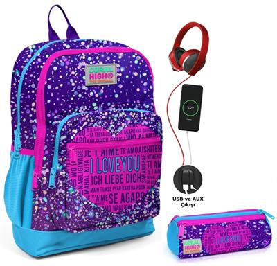 Coral High Mor Mavi Kalp USB Soketli Okul Çantası ve Kalemlik Seti - Kız Çocuk