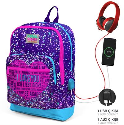 Coral High Mor Mavi Kalp USB Soketli Üçlü İlkokul Çanta Seti - Kız Çocuk
