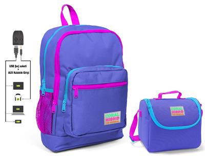 Coral High Mor Okul Çantası ve Beslenme Çantası Seti - USB Soketli
