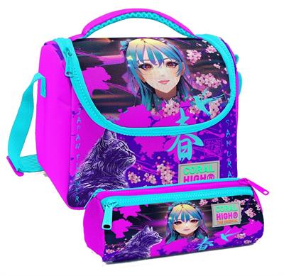 Coral High Mor Pembe Anime Kedi Desenli Kız Çocuk Isı Yalıtımlı Beslenme Çantası ve Kalemlik Seti