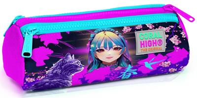 Coral High Mor Pembe Anime Kedi Üç Bölmeli Kalem Çantası - Kız Çocuk
